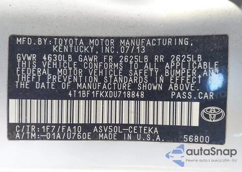 2013 Toyota Camry L from USA, damaged, VIN 4T1BF1FKXDU718848